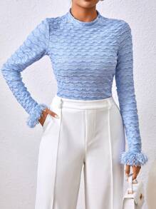 SHEIN Privé Women's Solid Color Textured Fuzzy Sleeve Cuff T-Shirt