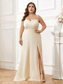 SHEIN Belle Kích thước lớn Thanh lịch Dây đeo Mì Ý  Áo cổ bò Dệt Xu hướng: Cắt giảm Hoa Cái nĩa cao A-line Váy phù dâu - Màu vàng - Xem 7