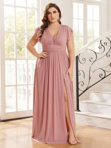 SHEIN Belle Kích thước lớn Váy phù dâu Với Cổ chữ V , Xếp li Eo Và Vắt Váy - Bụi hồng - Xem 3