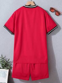 Teen Boys' Letter Print Short Sleeve Top And Shorts 2pcs/Set, School, Campus, College