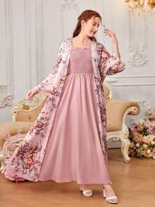 SHEIN Teen Girls' Woven Floral Open Front Jacket And Solid Color Shirred Cami Dress Set - Pink - View 4