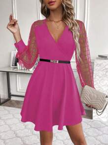 SHEIN LUNE 女士麻花網拼接長袖包領連衣裙 - 玫紅色 - 查看 1