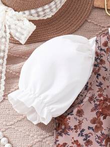 少女復古花卉印花短袖上衣和襯衫連身裙套裝,腰間綁帶 - 彩色 - 查看 5