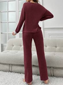 女式羅紋針織蕾絲邊上衣和字母裝飾抽繩長褲睡衣套裝 - 酒紅色 - 查看 2