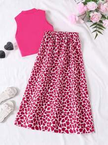 Teen Girl Solid Color Vest And Printed Knee-Length Skirt 2pcs/Set - Hot Pink - View 2
