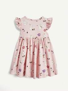 Cozy Pixies Conjunto De Vestido De Cintura Imperio Con Cuello Redondo Con Volantes Y Estampado De Conejito Para Niña Pequeña