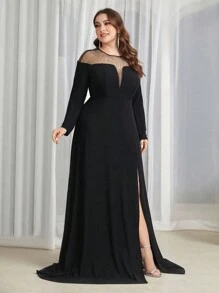 SHEIN Belle Robe de soirée longue à fente haute en diamant luxueuse et élégante avec traîne, robe de mariée noire, robe de soirée à manches longues pour mariage, bal de promo, dîner, graduation - Tailles Plus - Noir - Voir 5