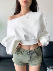 DAZY 女式不对称领口长袖运动衫、长袖上衣、返校服、秋季女装 - 白色 - 查看 6