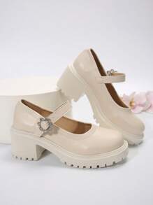 女用瑪莉珍新娘鞋新款厚底粗跟高跟綁帶涼鞋婚紗 - 米色 - 查看 3