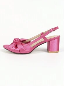 女士蝴蝶结踝带低粗跟凉鞋，时尚简约个性化婚礼高跟鞋，缎面粉杏色材质，舒适优雅 - 粉色 - 查看 7