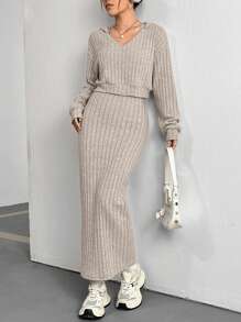 SHEIN Unity 女士肋紋長袖t恤和裙子套裝 - 杏色 - 查看 5