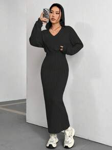 Flirla Solid Color Drop Shoulder Hoodie And Skirt Set