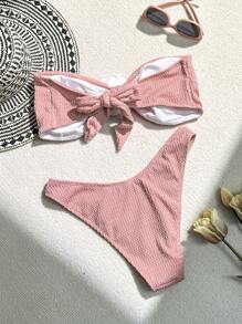 SHEIN Swim Bộ bikini khối màu đi biển mùa hè dành cho nữ có trang trí hoa 3d Valentine - Hồng - Xem 8