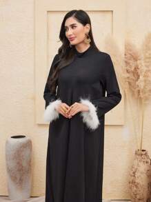 Al Najma Women'S Stand Collar Dress With Furry Sleeve Cuffs Kaftan Jalabiya Dress - Black - View 6