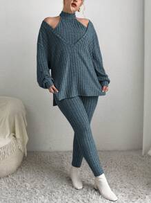 SHEIN Essnce 大尺碼純色針織2入組套裝 - 水鴨藍 - 查看 4