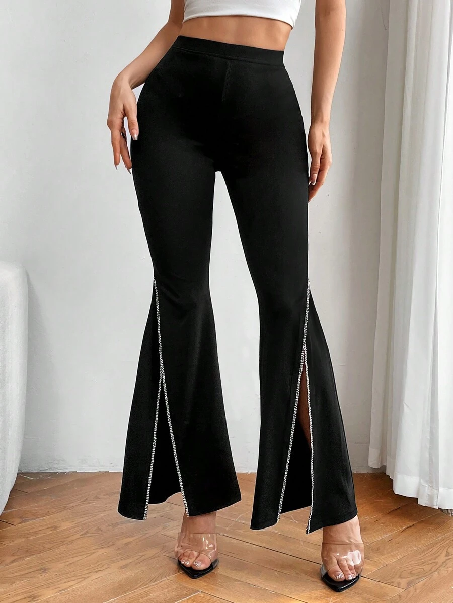 SHEIN Privé Women'S Diamond Strappy Flare Pants - Black - View 1