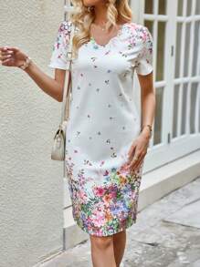 EMERY ROSE 女式夏季白色V領短袖花卉印花中長裙 - 彩色 - 查看 3