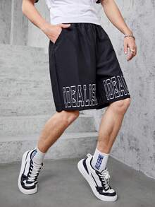 Teen Boys' Casual Streetwear Style Letter Printed Sports Shorts - Black - View 3