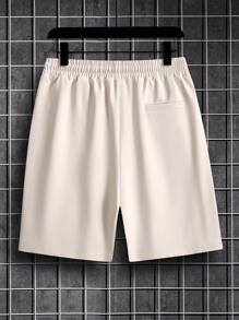 Manfinity Homme 男士纯色抽绳腰短裤外出休闲膝盖短裤，适合丈夫、男朋友的礼物 - 米色 - 查看 2