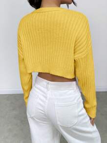 Flirla Women's V-Neck Crop Top Knit Pullover Fall Winter Sweater - Yellow - View 2