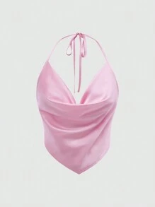 SHEIN Qutie Women's Drape Neck Tie Backless Halter Top - Pink - View 1