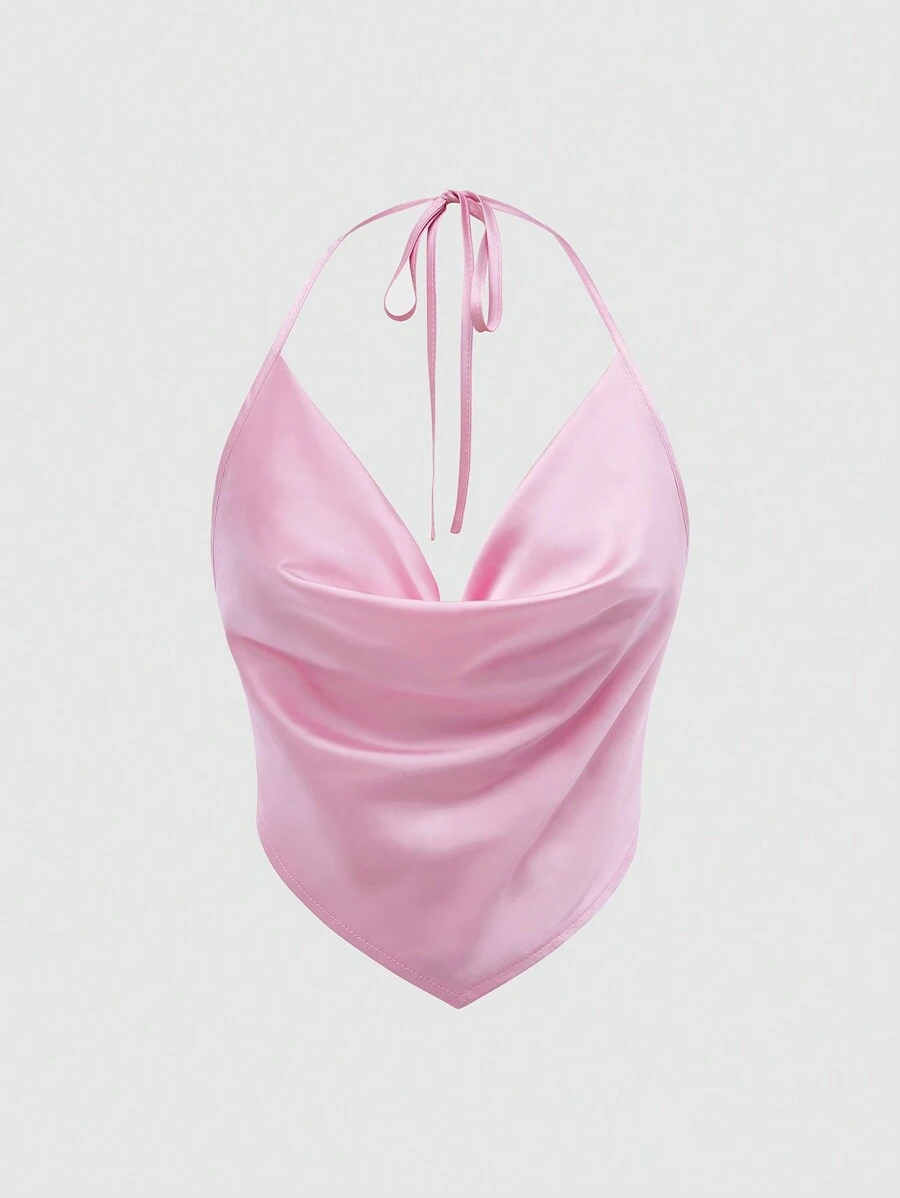 SHEIN Qutie Women's Drape Neck Tie Backless Halter Top - Pink - View 1