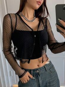 DAZY Ladies See-Through Mesh Cardigan With Slim Fit Long Sleeve Top - Black - View 5