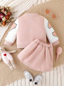 Baby Girls' Casual Sports Baseball Jacket And Skirt Set For Spring And Autumn - Pink - View 2