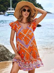 SHEIN VCAY 度假風格小印花女裝連衣裙，夏季沙灘裝 - 橘色 - 查看 6