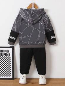 SHEIN Young Boy 2pcs/Set Spider Printed Hoodie And Sweatpants, Casual And Comfortable, For Spring And Autumn - Black - View 2
