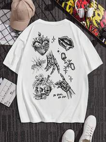 Manfinity EMRG 男士鬆身領口骷髏心形圖案短袖T恤 - 白色 - 查看 2