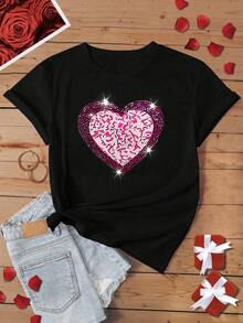 SHEIN LUNE Plus Size Heart Printed T-Shirt - Black - View 1