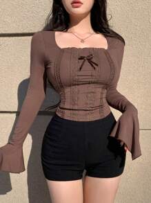 DAZY Áo thun tay dài cổ vuông viền ren, áo đi chơi, áo nhún bèo, quần áo mùa thu dễ thương - màu nâu - Xem 4