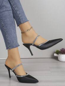 女性時尚黑色高跟鞋帶鑽石和尖頭 - 黑色 - 查看 1