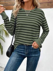 EMERY ROSE Women's Round Neck Striped T-Shirt Graphic Tees Women Tops - Army Green - View 5