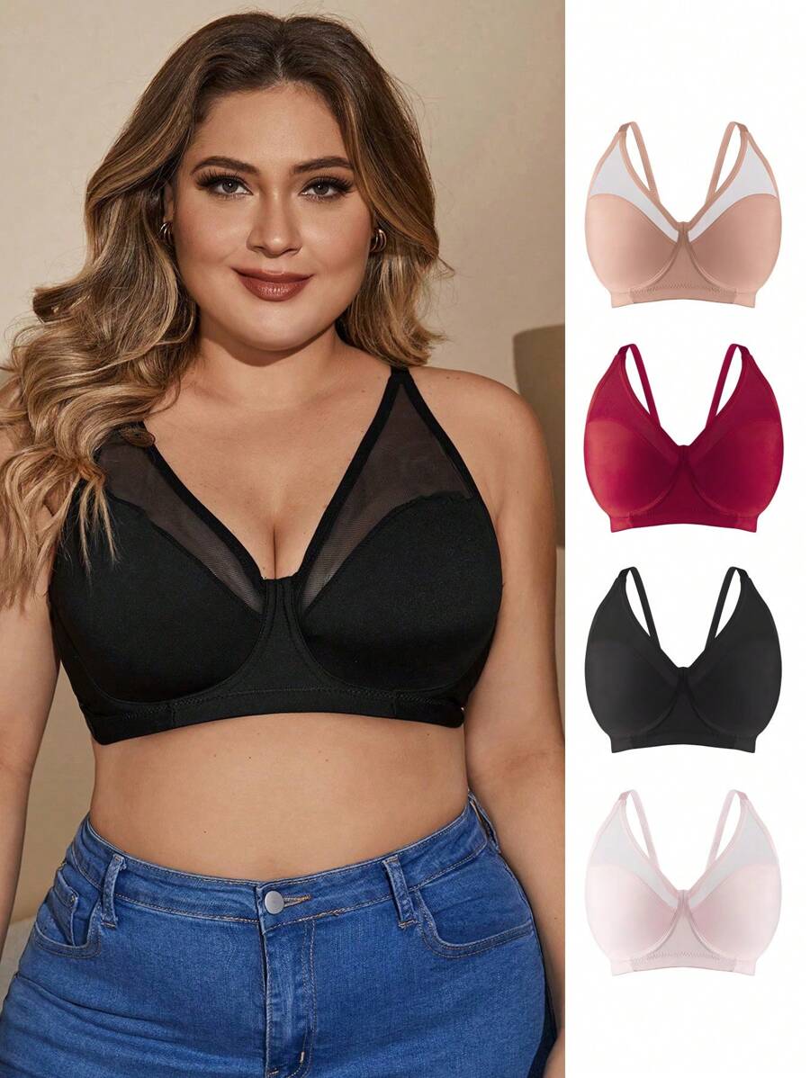 Plus Size Women's Mesh Splice Bra With Underwire , 5 Pcs - Multicolor - View 1