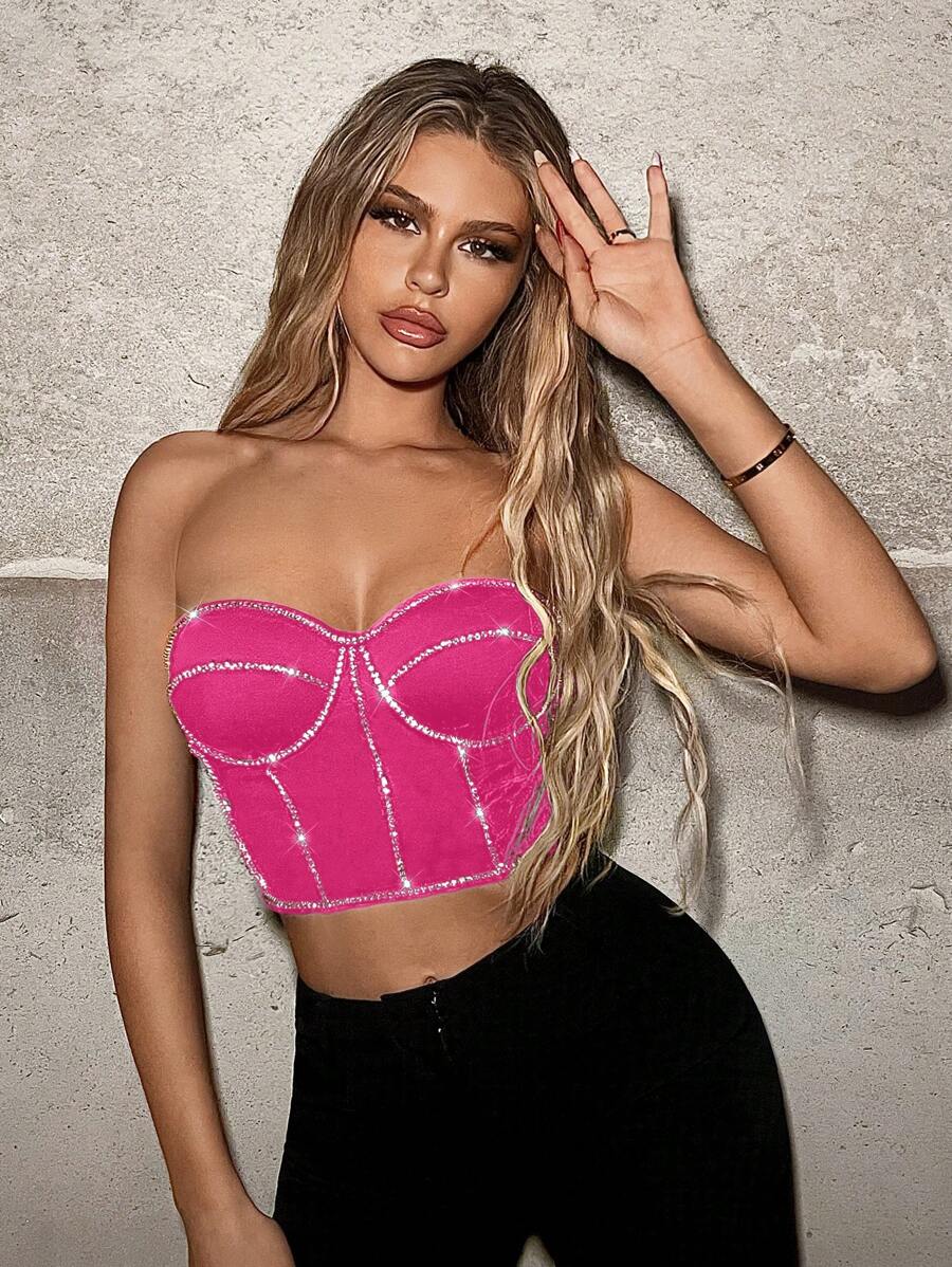 SHEIN ICON Women'S Rhinestone Decor Strapless Pink Corset Top - Hot Pink - View 1