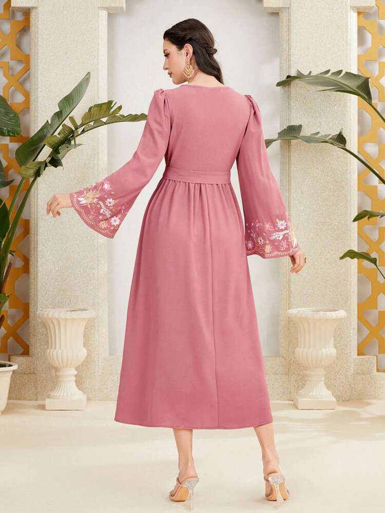Women's Modest Belted Dress With Floral Embroidery & Long Bell Sleeves Kaftan Jalabiya Dress