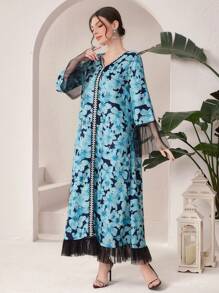 Al Najma Full Printed Mesh Contrast Flare Sleeve Arabian Dress With Floral Print - Multicolor - View 5