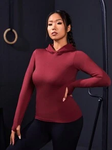 SHEIN Sports 大尺碼純色無縫運動連帽衫 - 酒紅色 - 查看 3