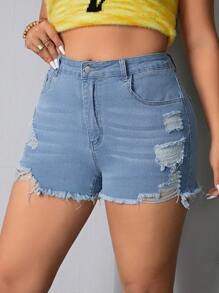 SHEIN EZwear 大尺碼女款仿舊牛仔短褲 - 藍色 - 查看 1