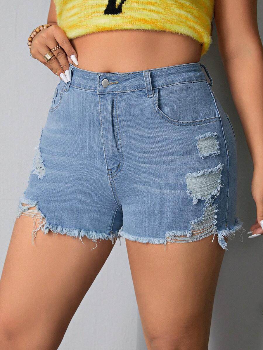 SHEIN EZwear 大尺碼女款仿舊牛仔短褲 - 藍色 - 查看 1