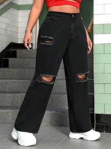 SHEIN ICON 大尺碼女裝寬鬆高腰黑色撕破直筒褲