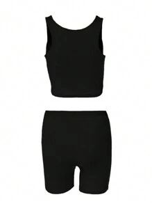SHEIN Women's Plain Crop Top And Shorts Two Pieces Set - Black - View 2