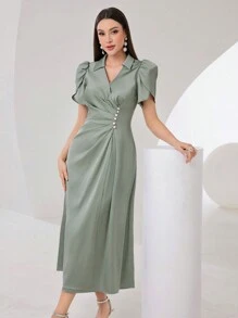 Modelyn 女士花瓣短袖褶皱连衣裙，优雅晚会礼服长款晚礼服