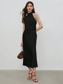 BizChic 女士纯色简约露背宽松垂褶上衣，基础都市通勤风格，简约时尚优雅商务休闲衬衫，适合办公室、教师等场合。 - 黑色 - 查看 8