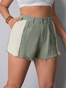 SHEIN EZwear Kích thước lớn Frayed Hem Tương phản Màu sắc Quần short Denim - Nhiều màu - Xem 4