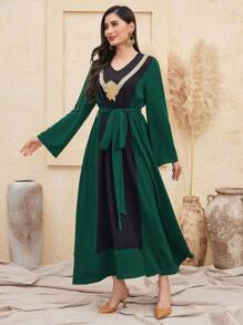 Al Najma Women'S Embroidery Patchwork V-Neck Color Block Long Sleeve Dress - Multicolor - View 1