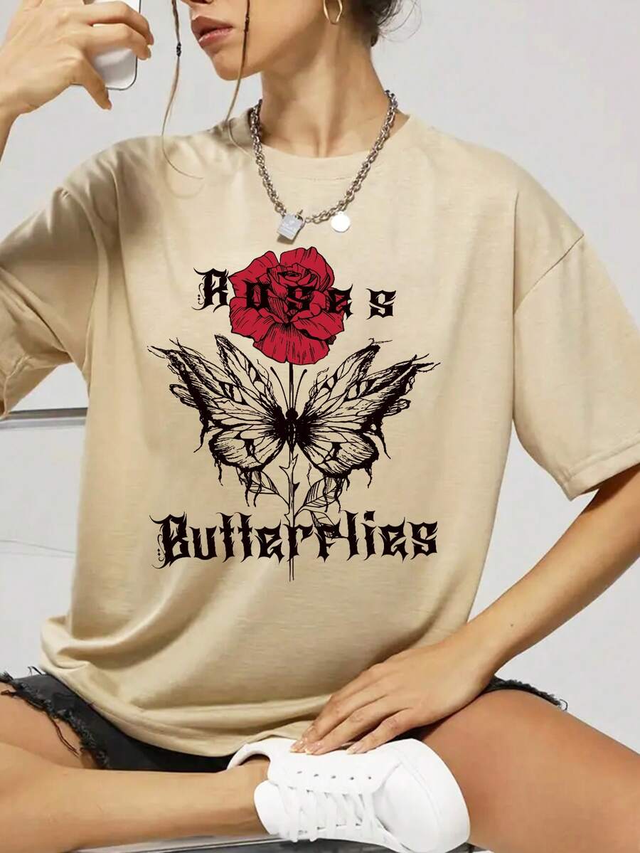 SHEIN EZwear 大尺碼女裝玫瑰印花寬鬆t恤 - 卡其色 - 查看 1