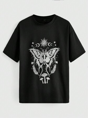 T-shirt Mit Schmetterlingsdruck Und Überschnittener Schulterpartie